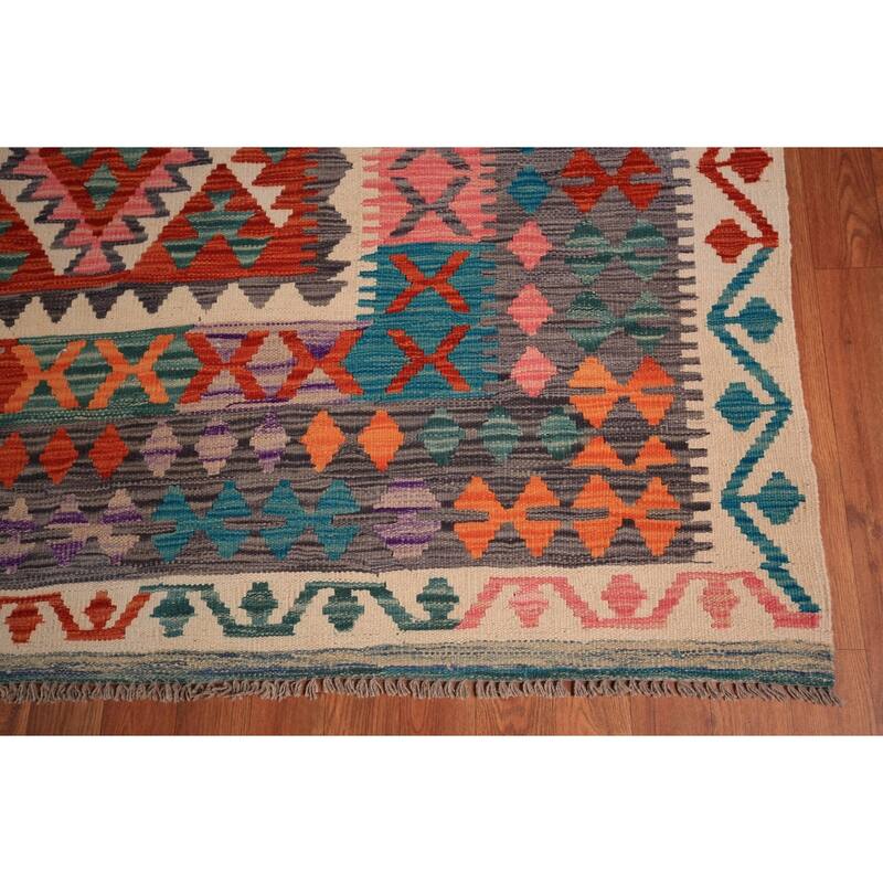 South Western Kilim Oriental Area Rug Flatweave Geometric Wool Carpet - 10'2" x 13'4"