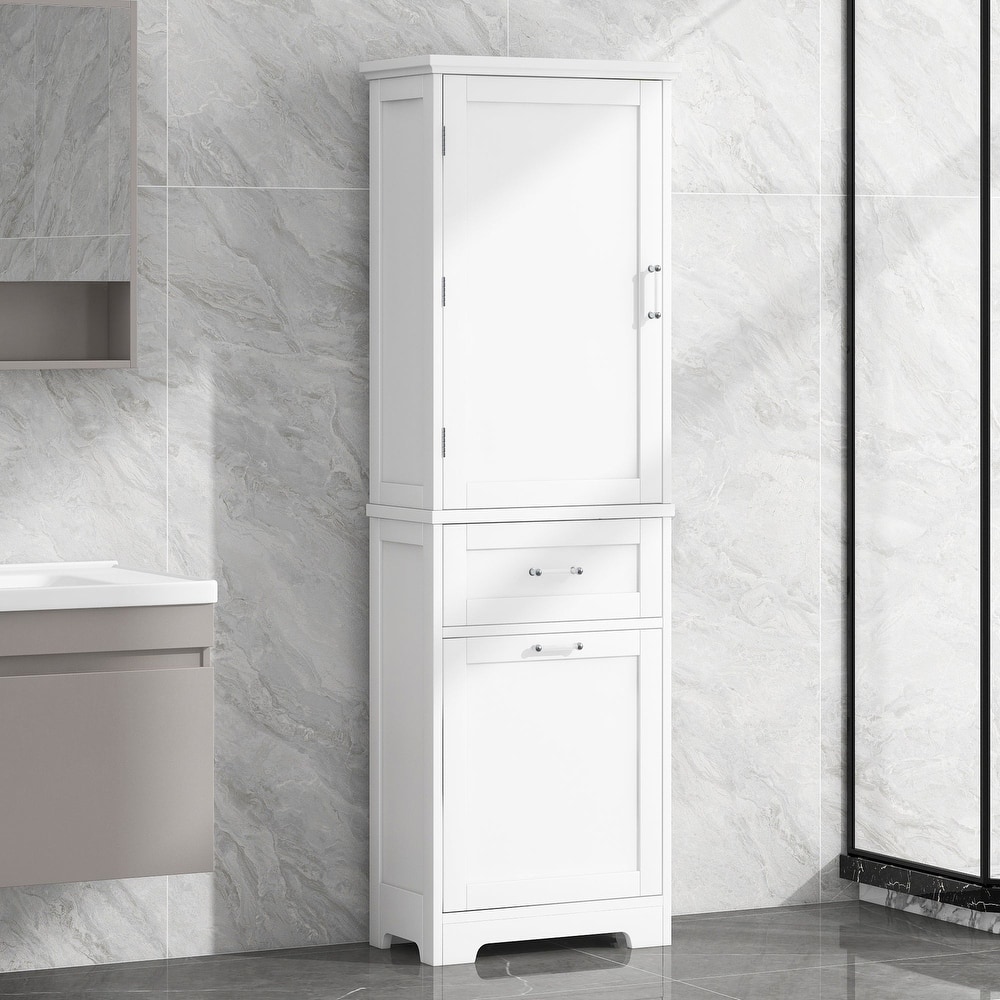 68" Tall Wood 1-door Bathroom Cabinet in White with Drawers and Adjustable Shelf