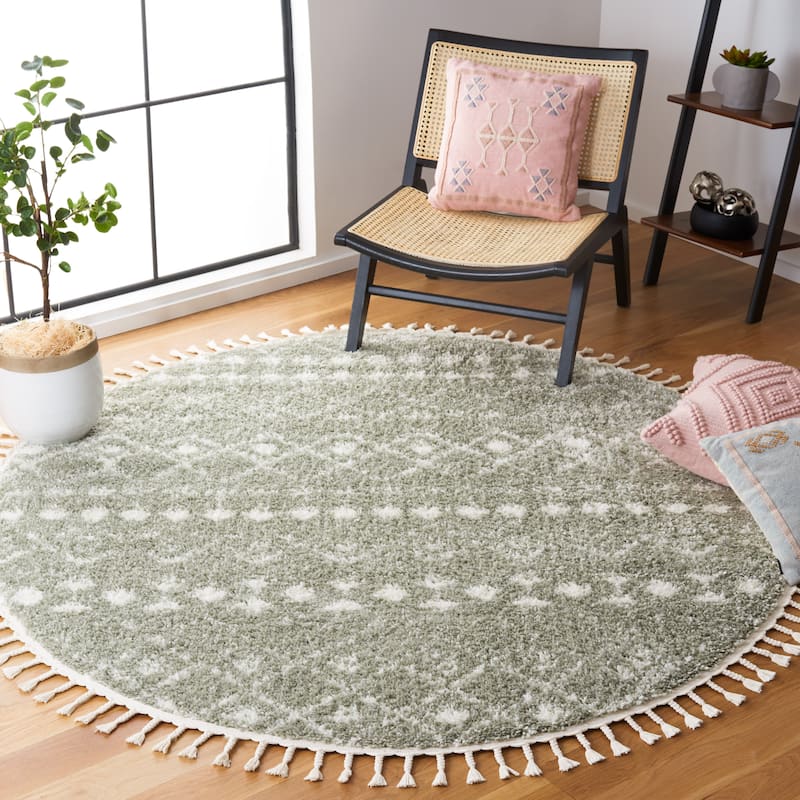 SAFAVIEH Berber Fringe Dashurije Leatha Trellis Rug - 6'7" Round - Sage/Ivory