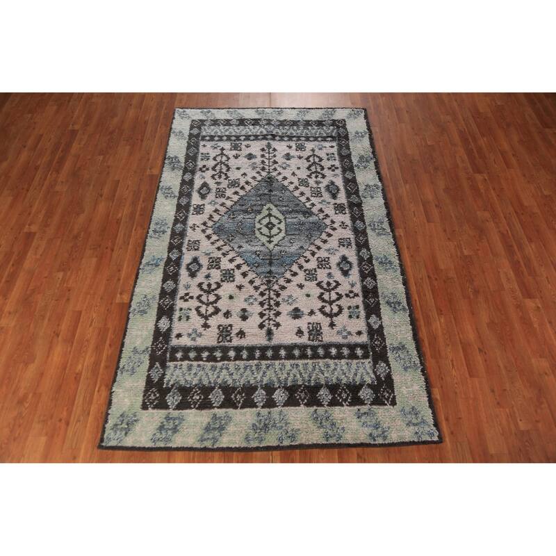 Geometric Plush Moroccan Shaggy Rug Hand-Knotted Wool Carpet - 4'11" x 8'3"