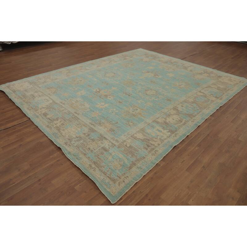 Vegetable Dye Blue Oushak Turkish Area Rug, Floral Geometric Carpet - 10' 3'' X 8' 3''