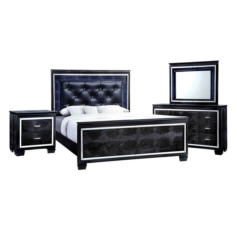 Kae 4 Pc California King Bedroom Set, LED and Mirror Trim, Textured, Black