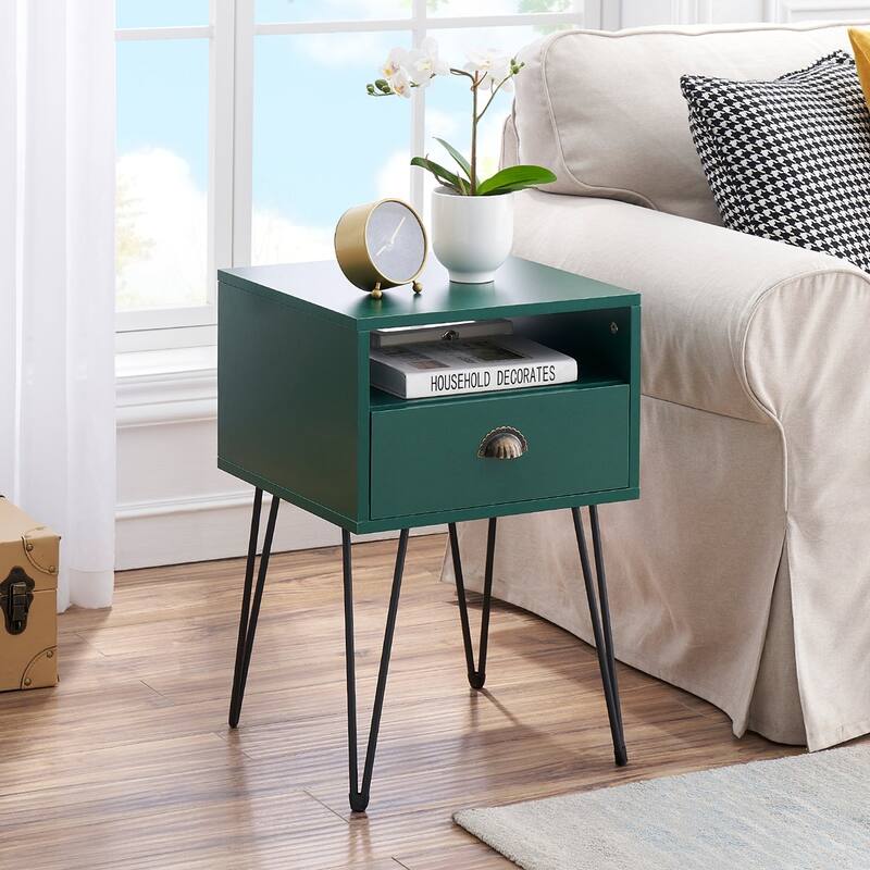 VECELO Mid Century Modern Nightstand with Drawer Open Shelf V-Shaped Metal Legs End Table for Bedroom Living Room