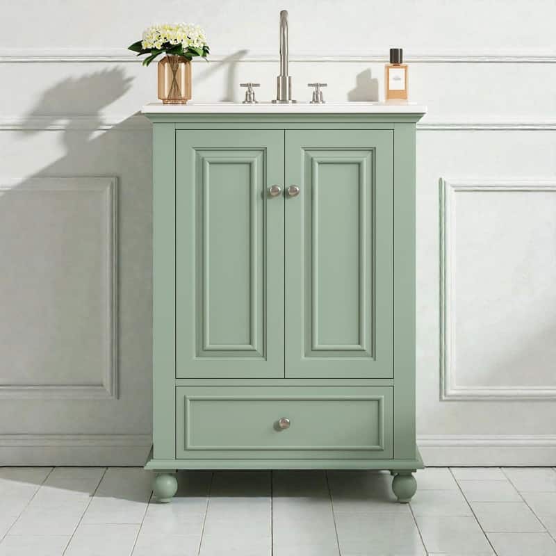 24" Bathroom Vanity with Ceramic Sink, Storage Cabinet with Soft-Close Doors and Drawer with Dividers