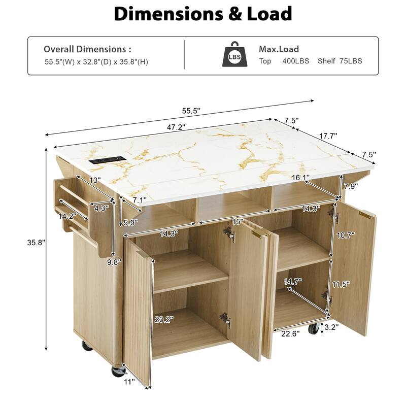Fluted Kitchen Island with 2 Drop Leaf, 4 Doors Rolling Island Table, Kitchen Storage Cart with Power Outlet and Spice Rack
