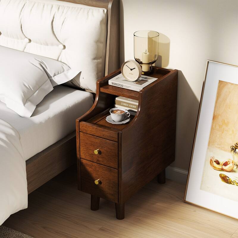 Gymax 2PCS Solid Wood End Table w/Pull-out Tray & 2 Storage Drawers