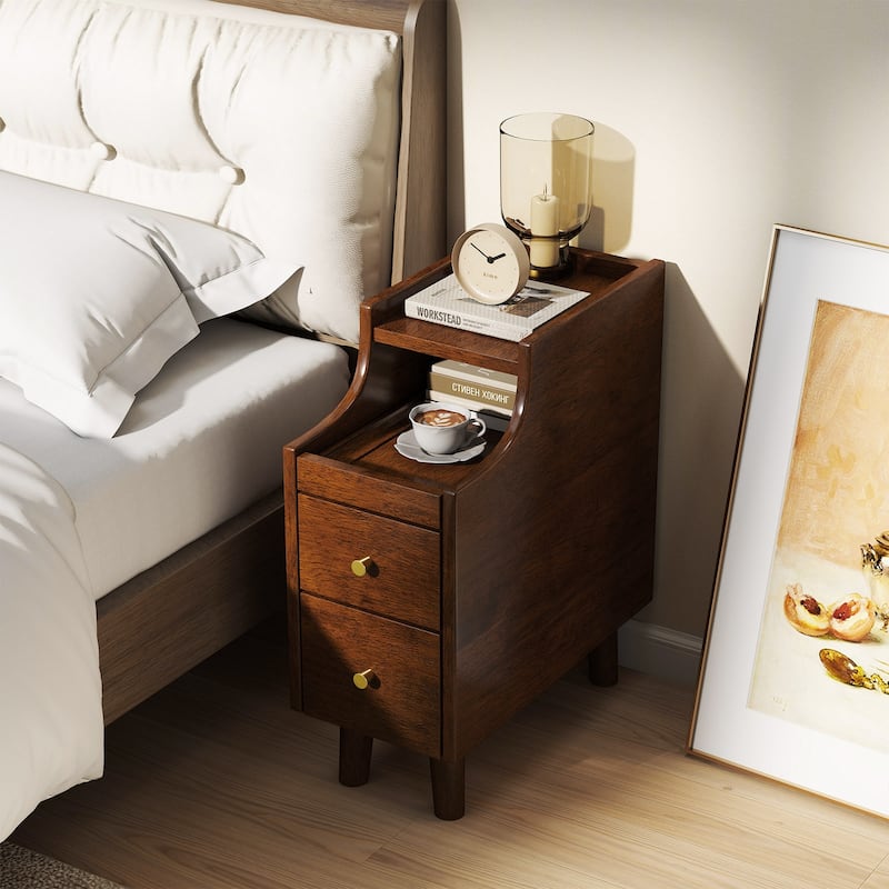 Gymax Solid Wood End Table w/ Pull-out Tray & 2 Storage Drawers Cable