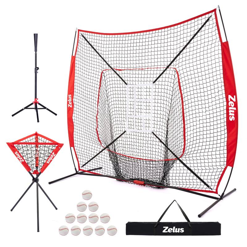 ZELUS 7x7ft Baseball Net Kit with with Carry Bag Ball Caddy & 12 Baseballs