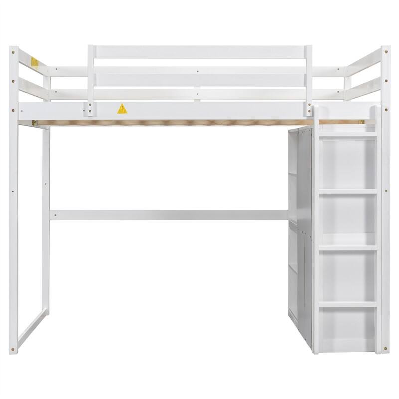 Solid Wood Loft Bed with Built-in Wardrobe and 4-Tier Storage Shelves, Full Size Loft Bedframe with LED Light and Ladder