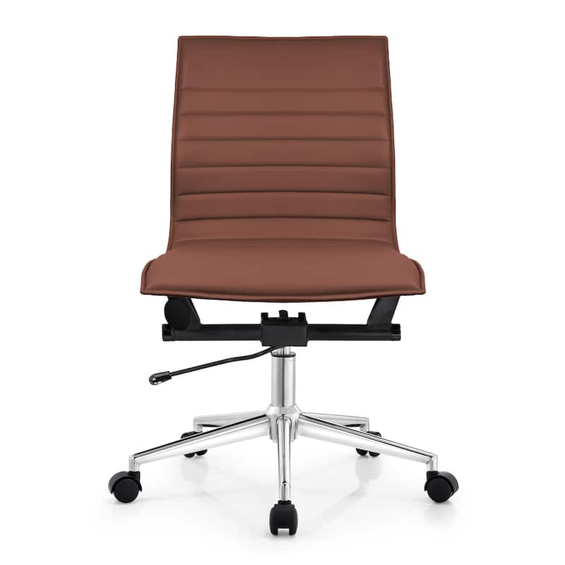 Modern Office Desk Chair | Upholstered PU Leather Ribbed Armless Mid Back with Metal Frame | Adjustable Height, Tilt Lock