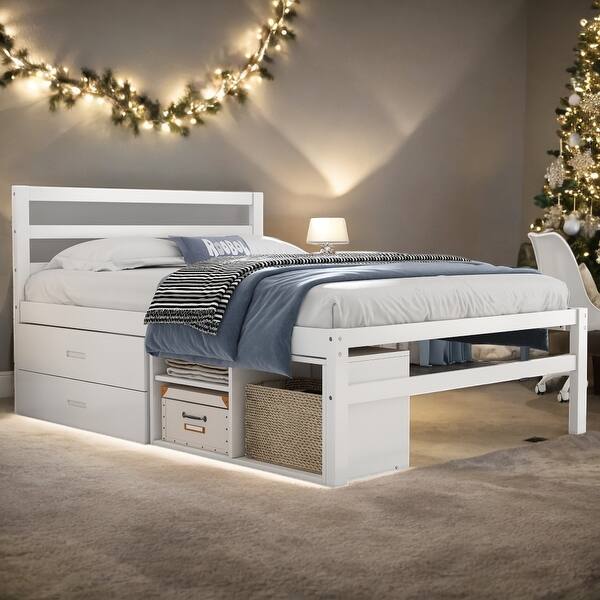 slide 2 of 15, Full Size Wood Platform Bed with Removable Storage Shelves, Built-in 2 Storage Drawers,White White