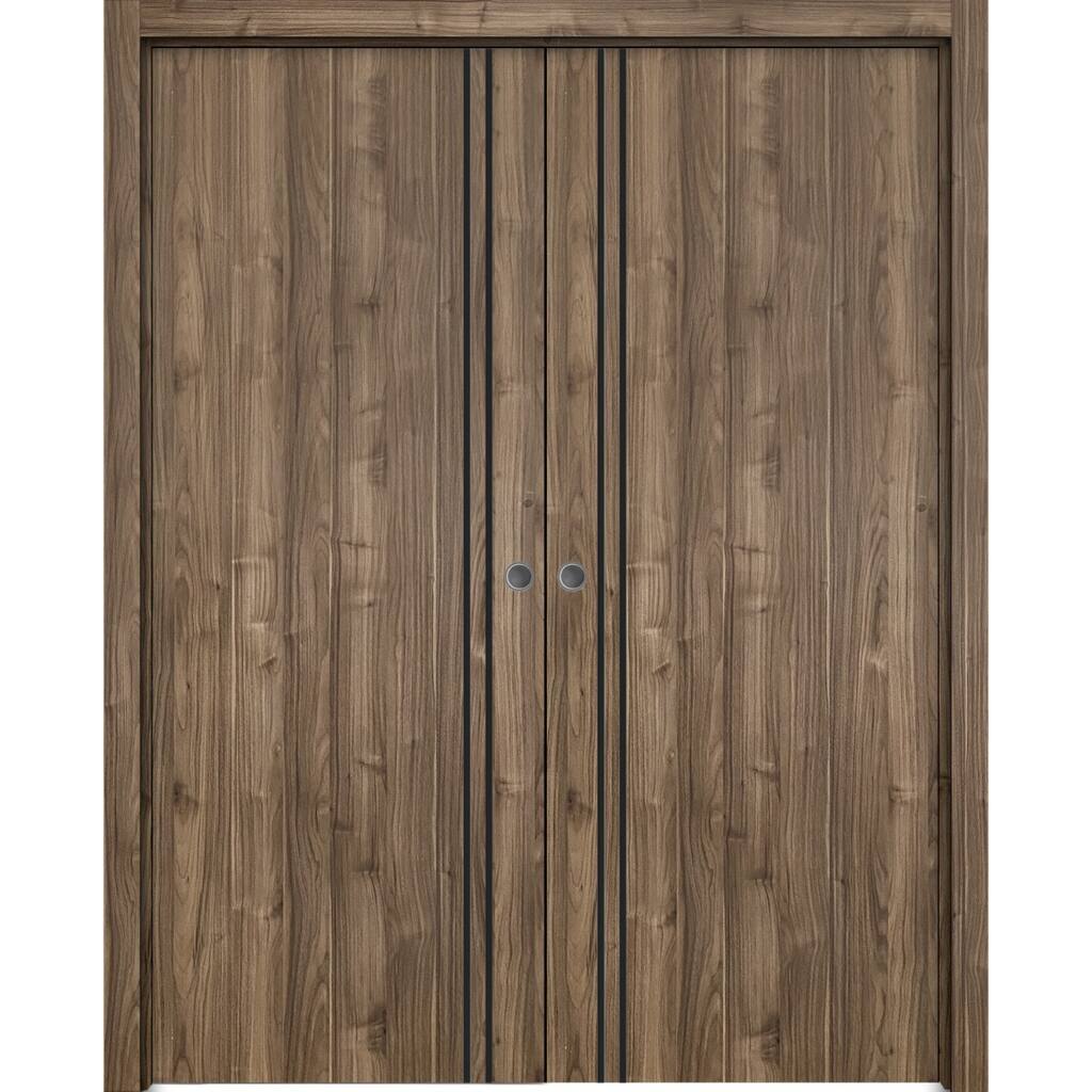 French Double Pocket Doors 36 x 80 Planum 0016 Walnut with Kit Trims Rail