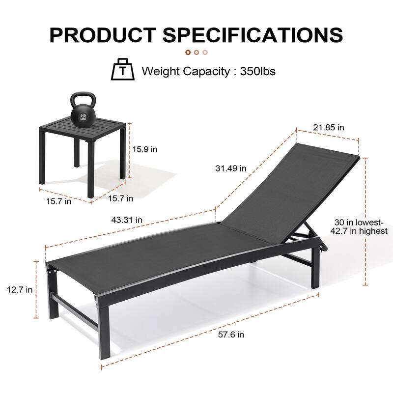 Outdoor Chaise Lounge Set Patio Adjustable Chaise Lounge Chairs with Side Table