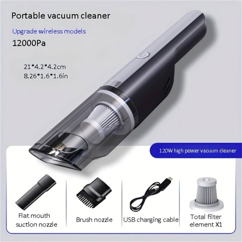 Black-Silver Cordless Mini Vacuum Cleaner with Powerful Suction and Rechargeable Battery - 11.81 x 1.18 in