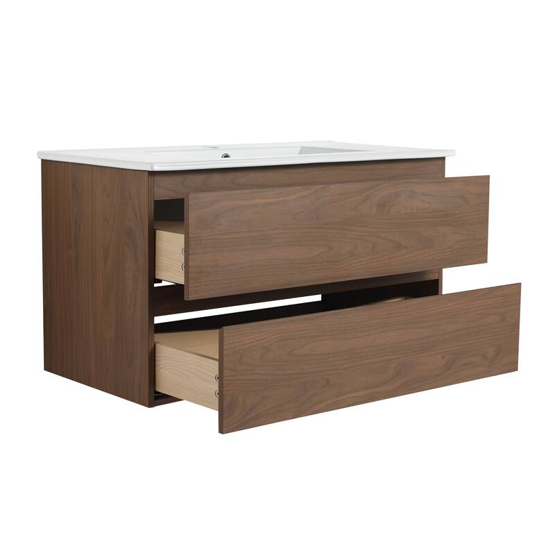24" Floating Bathroom Vanity with Ceramic Basin, 2 Soft-Close Drawers, Eco-Friendly Plywood Construction