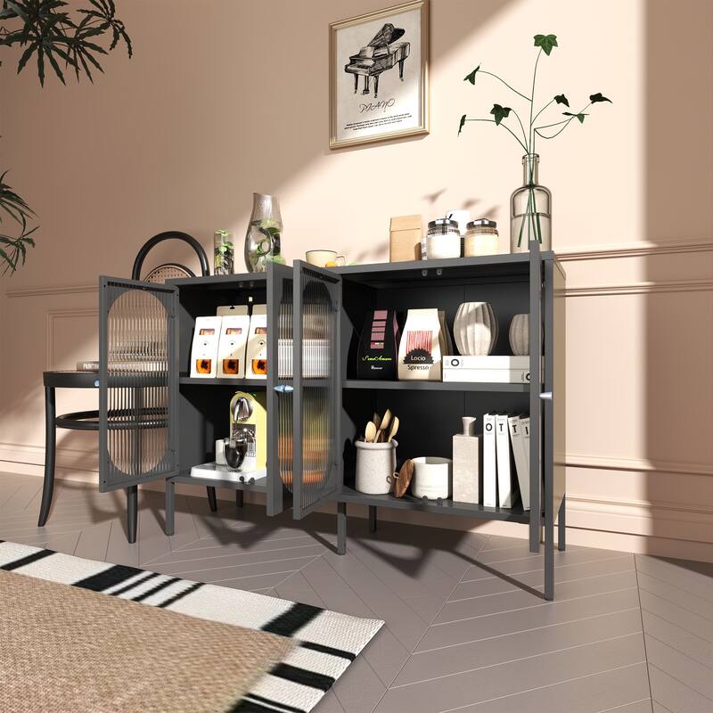 Metal Sideboard Cabinet with 4 Glass Door, Steel Locker Sideboard Buffet Cabinet, Sideboard Buffet Cabinet with 4 Doors