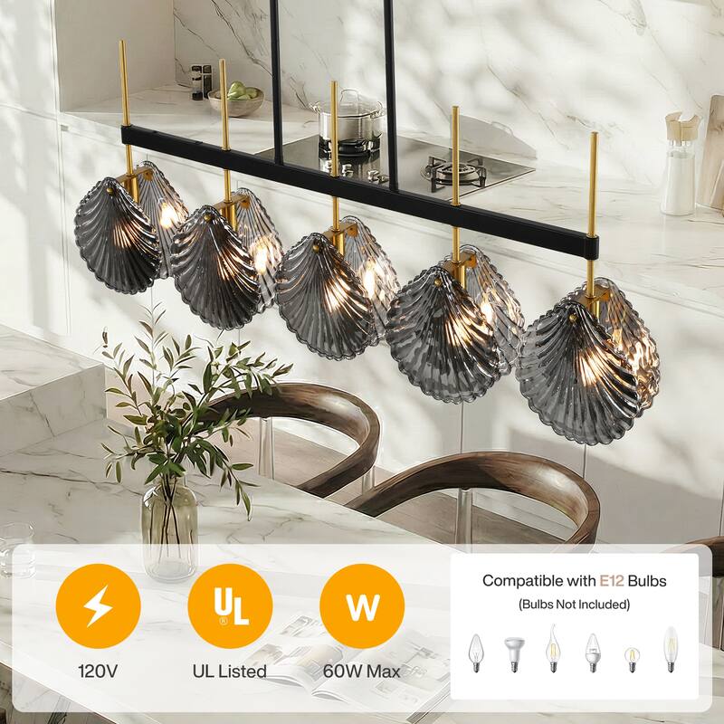 Modern 5-Light Linear Chandelier with Smoky Gray Glass Shades for Dining Room or Kitchen Island