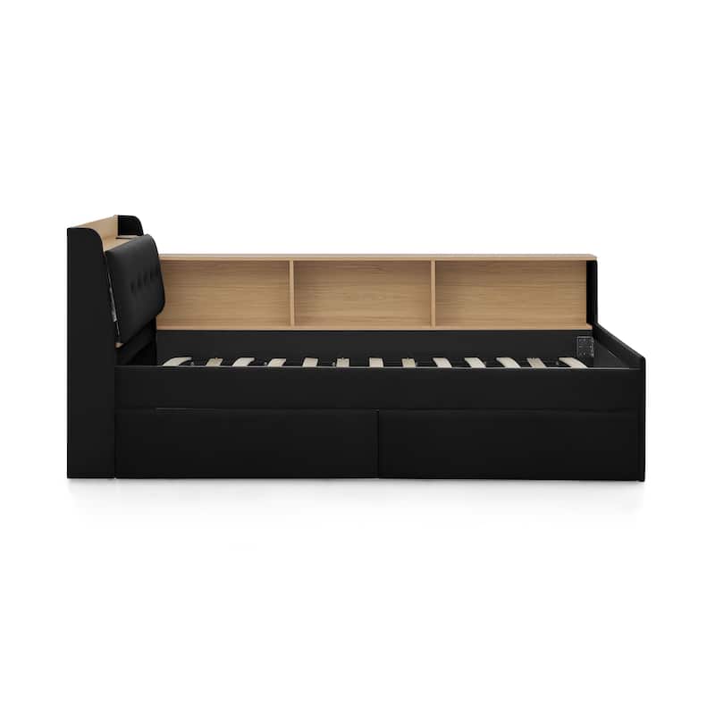 Twin Size Velvet Upholstered Daybed with Storage Headboard, LED and Wireless Charging - Optional Trundle Bed or Storage Drawers