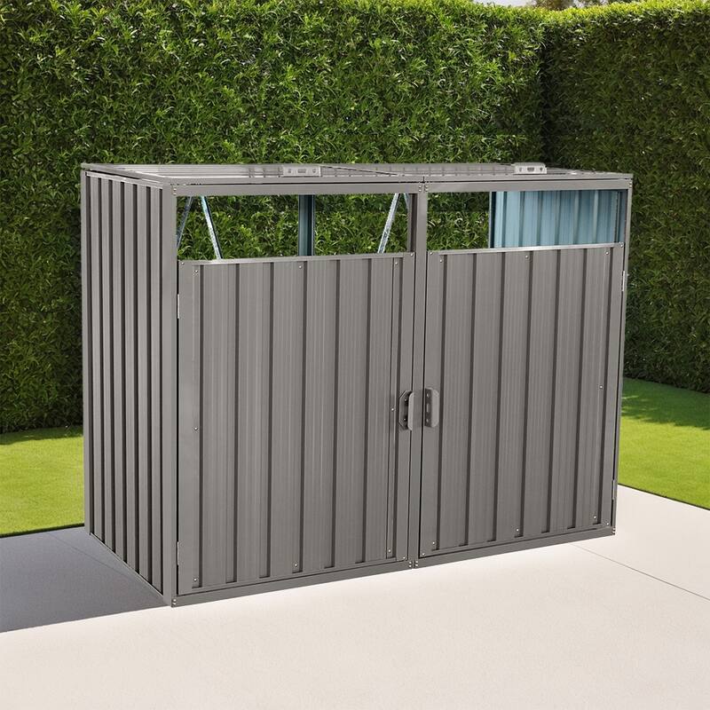 Outdoor Trash Can Storage, Storage Shed for 2 Trash cans and Tools - 62.99"W
