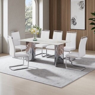 7-Piece Modern Dining Set, 63" Marble Glass Top with 6 PU Leather ...