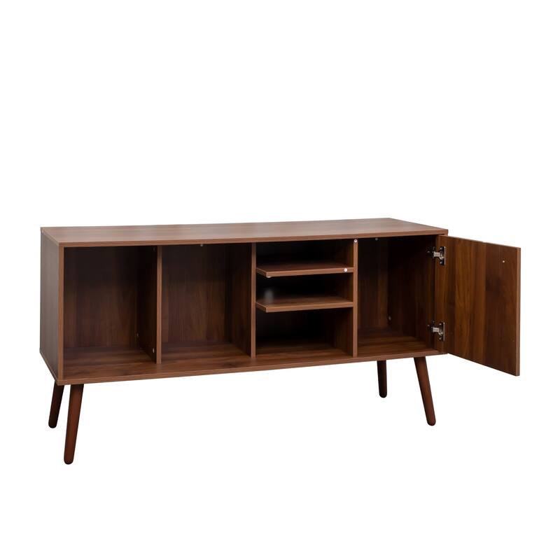 Modern TV Stand Stylish TV Stand with 1 Storage, 4 Solid Wood Legs, and 3 Shelves, for Living Room, Walnut