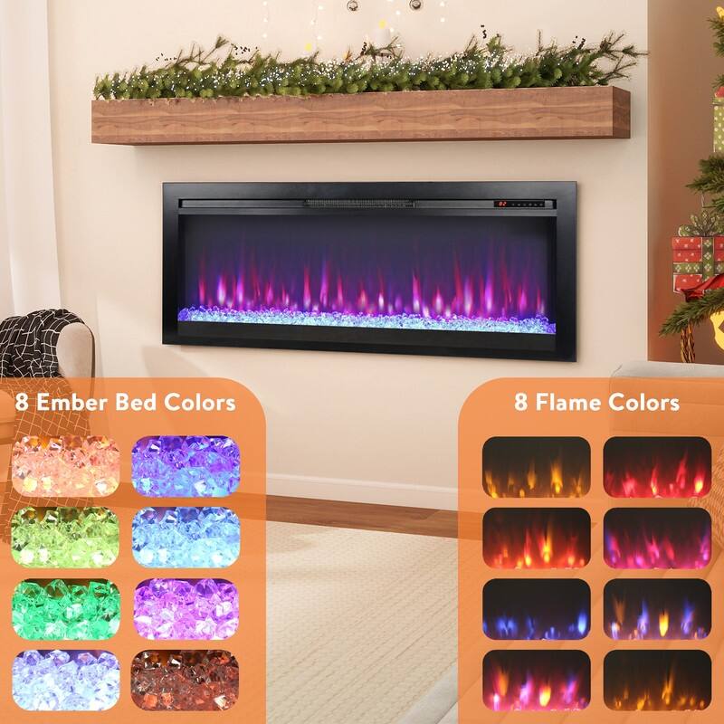 44 in. Wall Mount Recess Tempered Glass Electric Fireplace with remote multi color,LED light heater in Black