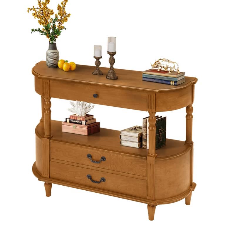 Retro 43" Curved Wood Console Table with 3 Drawers and Open Shelf, Sofa Table Behind Couch for Living Room and Hallway Storage