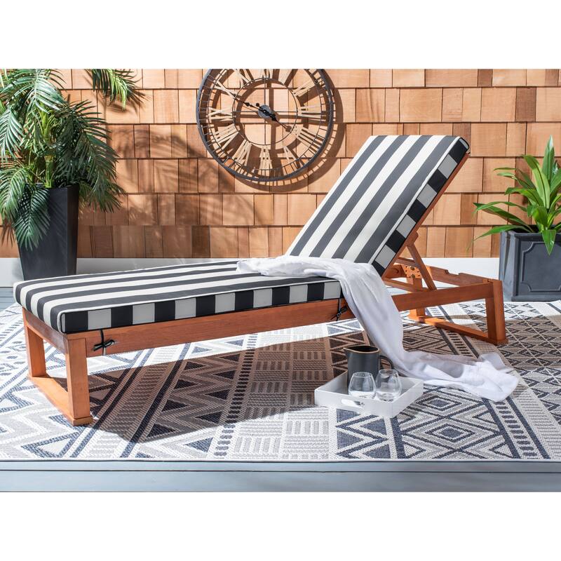SAFAVIEH Outdoor Kaliyah Solid Wood Chaise Lounge Chair - 25Wx81Dx37H - Natural/Navy