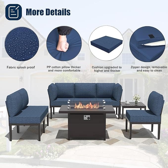 Kullavik 7 Piece Outdoor Furniture Set, Modern Metal Sectional Sofa with Thick Cushions and Coffee Table