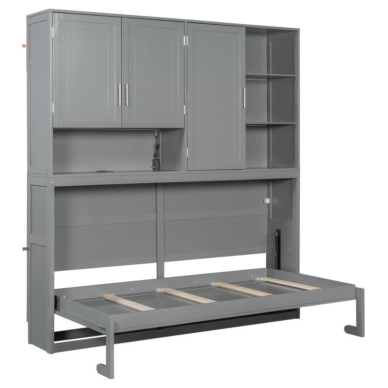 Twin Size Murphy Wall Bed with Top Cabinet and Light, Space Saving Foldable Murphy Cabinet Bed with USB Ports & Storage Shelves
