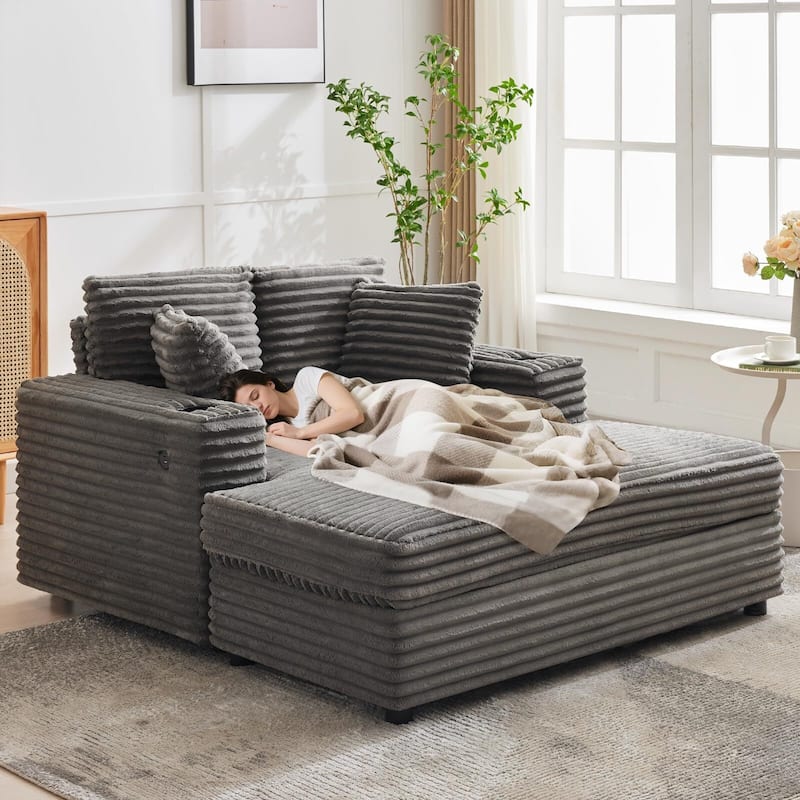 60 Inch Upholstered Sofa Bed with Throw Pillows and Armrests, Comfy Corduroy