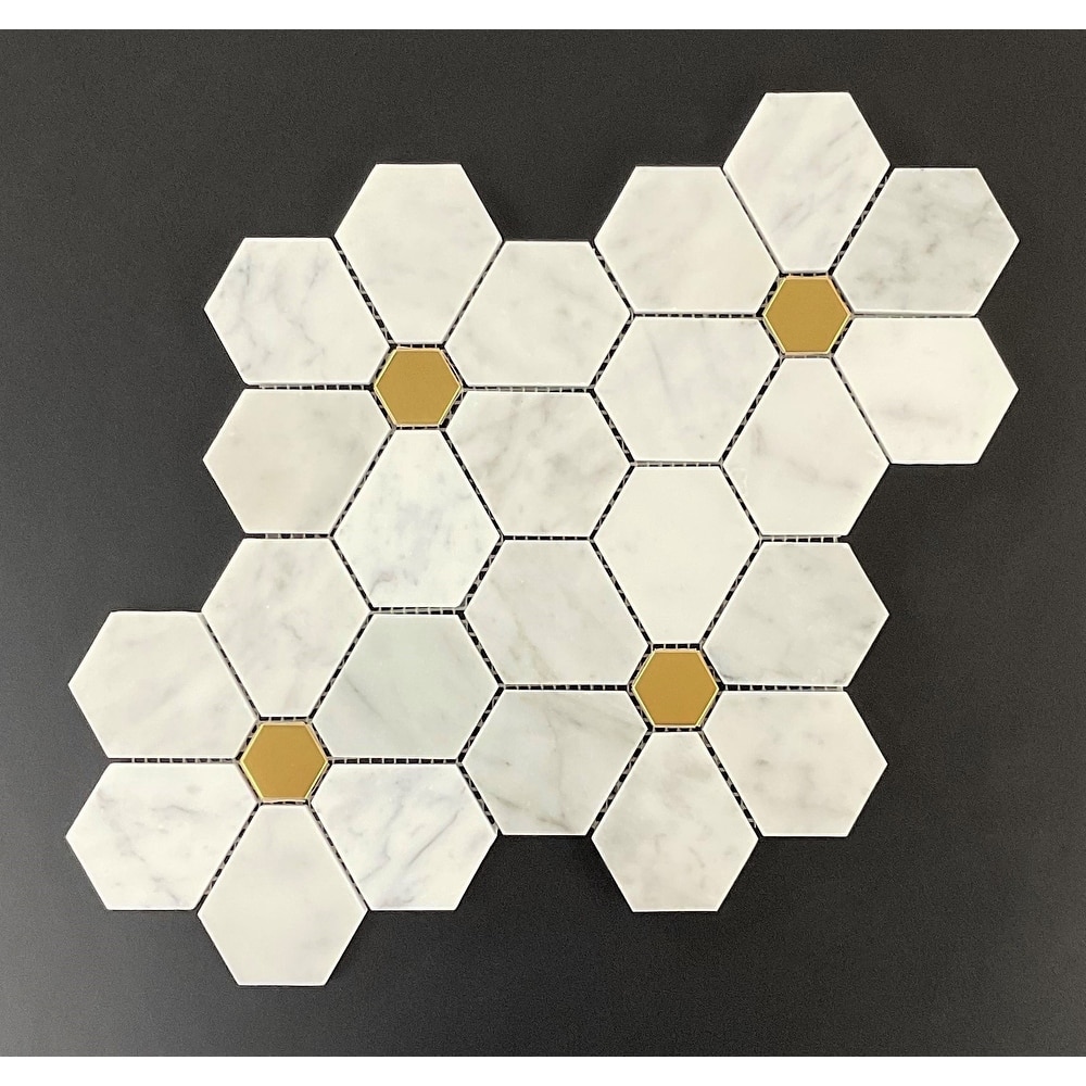 Flower Pattern Marble & Golde Metal Mosaic Tiles