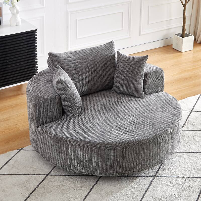 360 Degree Swivel Sofa Chair with Backrest Pillow for Livingroom 55'' Chenille Single Sofa, Round Fluffy Sleeper Sofa