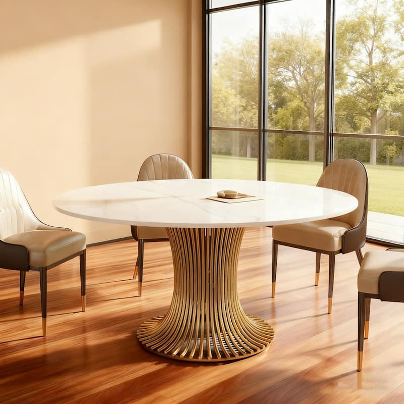 Modern Sintered Stone Round Dining Table With Gold Stainless Steel Pedestal For 6 People - Gold and White