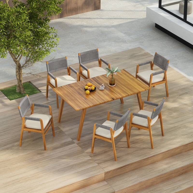 Christopher Knight Home- Oliver Outdoor 7-piece Acacia Wood Dining Set with Rope-Woven Armchairs - Grey Rope Chair+Teak Finish Table