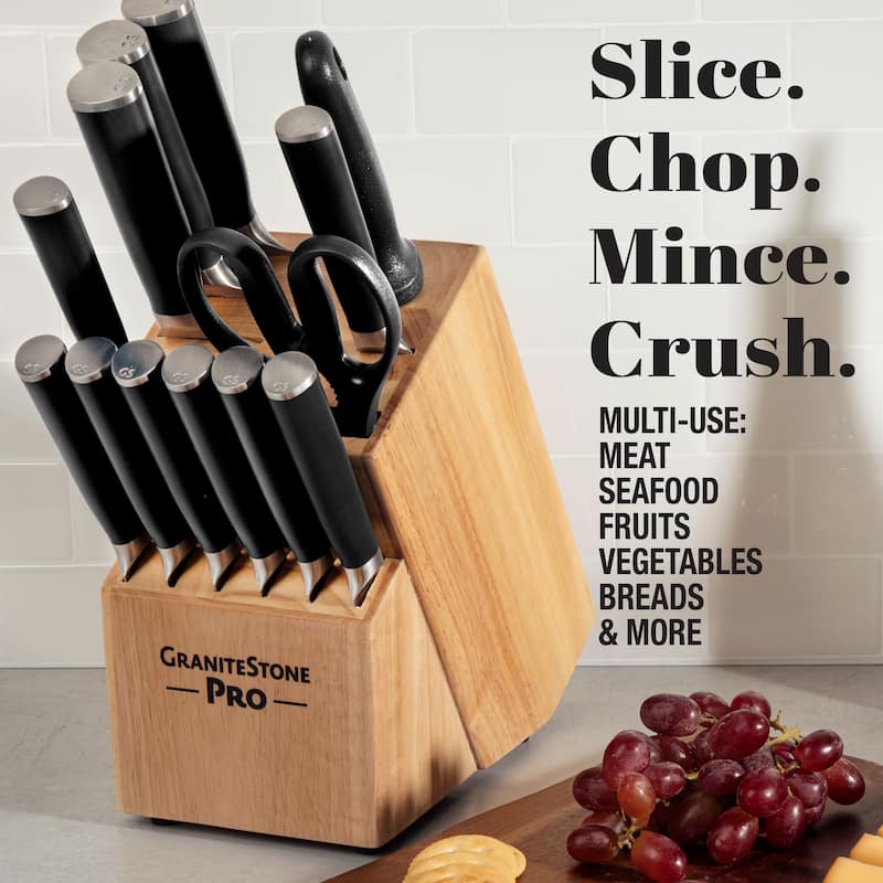 Granitestone Pro NutriBlade 14 Piece Stainless Steel Black Knife Set with Wooden Block