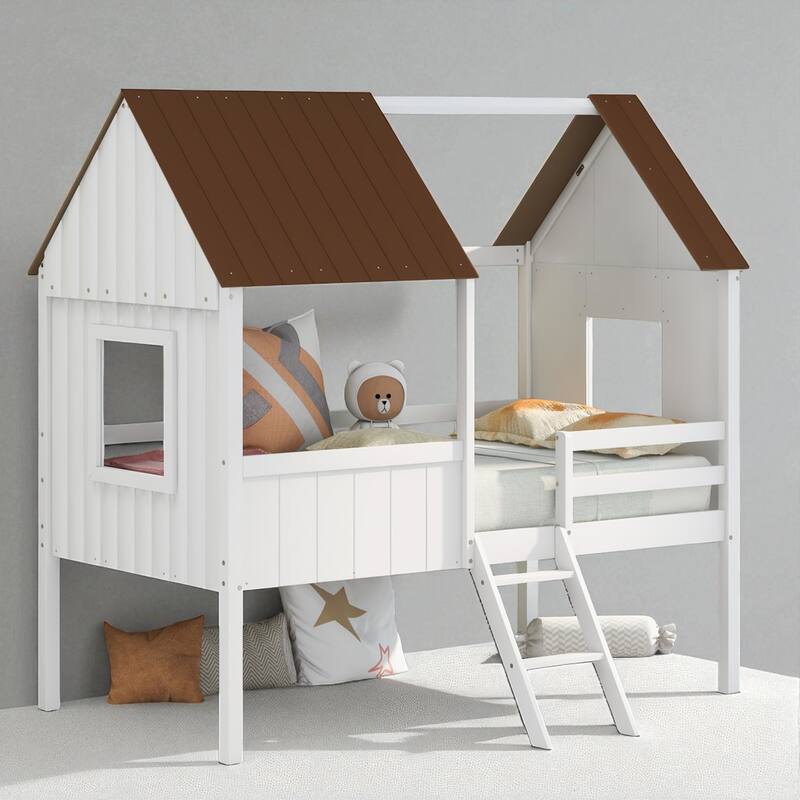 Twin Size House Bed with Roof and Side Windows, Low Loft Wooden Frame for Kids, No Box Spring Needed