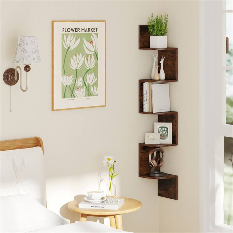 5-Tier Floating Corner Shelf Wall Mounted Organizer for Living Room Bedroom or Kitchen - 8" x 8" x 50"