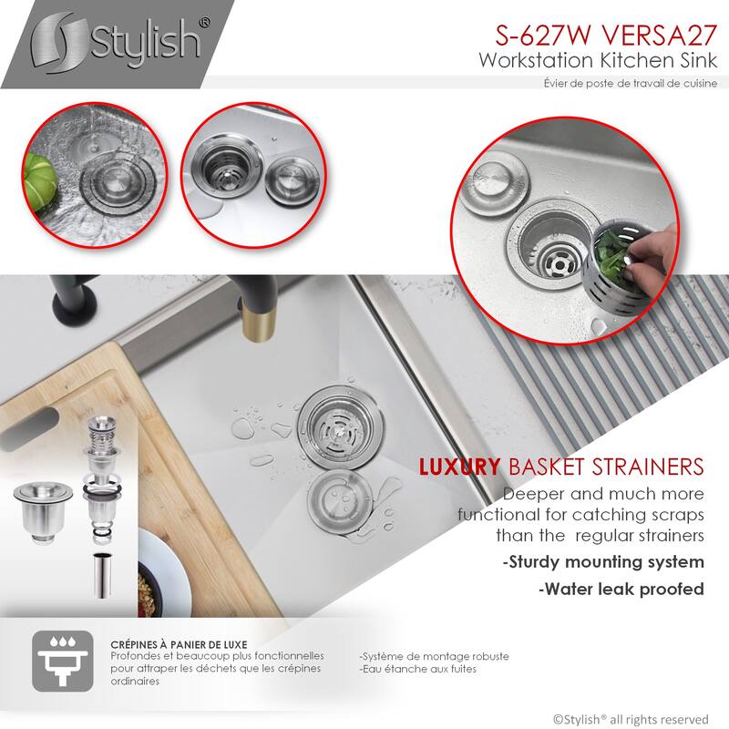STYLISH 27 inches Workstation Single Bowl Undermount 16 Gauge Stainless Steel Kitchen Sink with Built in Accessories Handmade