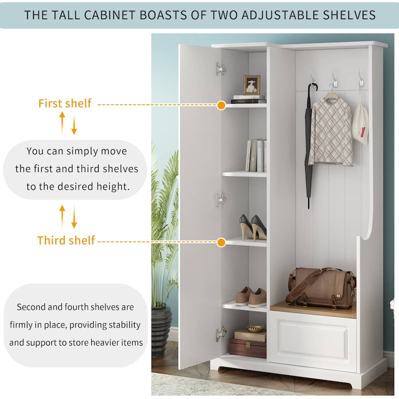 Stylish Hall Tree with Flip-Up Bench, Adjustable Shelves, and Hanging Hooks for Entryway, Mudroom, or Bedroom (White)