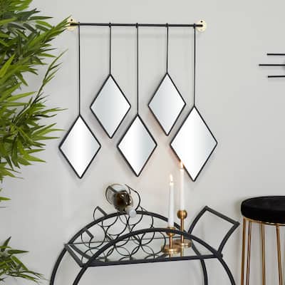 Black Metal Diamond Shapes Wall Mirror with Hanging Bar - 27"W, 27"H
