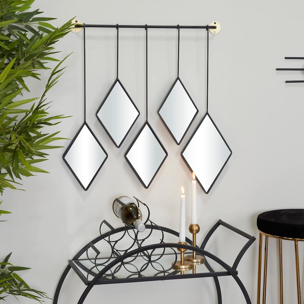 Black Metal Diamond Shapes Wall Mirror with Hanging Bar - 27"W, 27"H