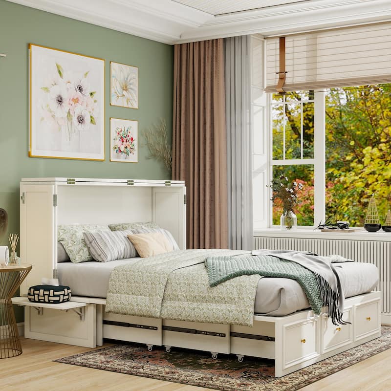 Solid Wood Murphy Bed Full Size with Storage | Space Saving Walnut Cabinet Bed with Easy Pull-Out Mechanism for Bedroom