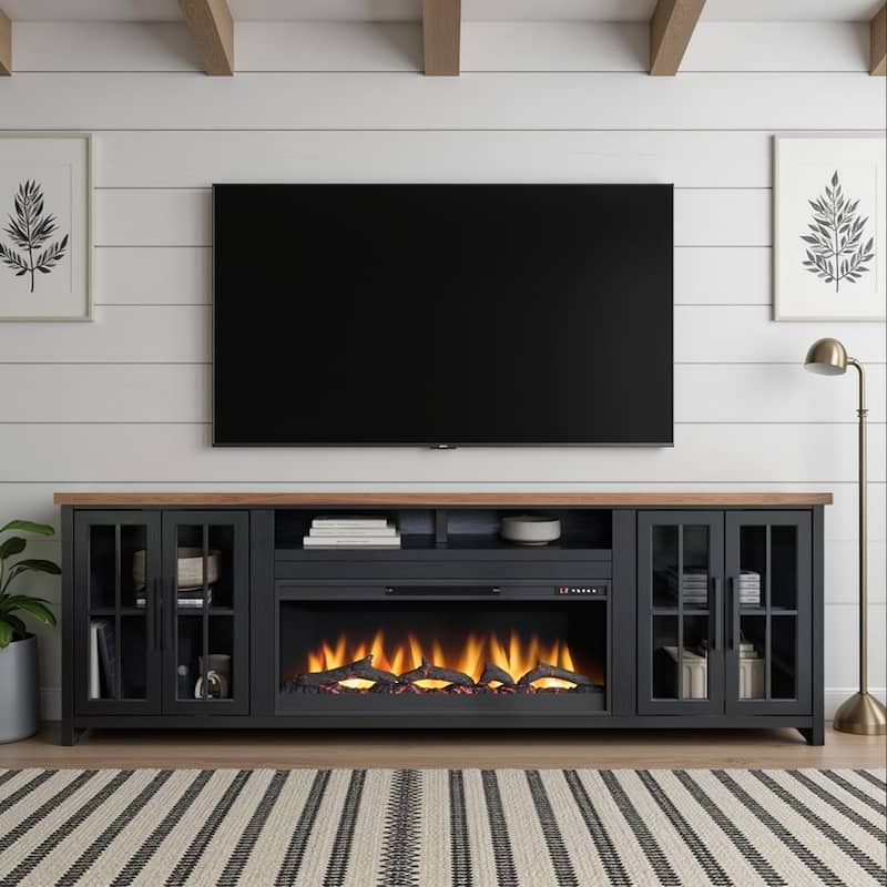 Bridgevine Home Modern Farmhouse 97 inch Fireplace TV Console for TVs up to 100 inches, Two-Tone Finish - Black and Whiskey