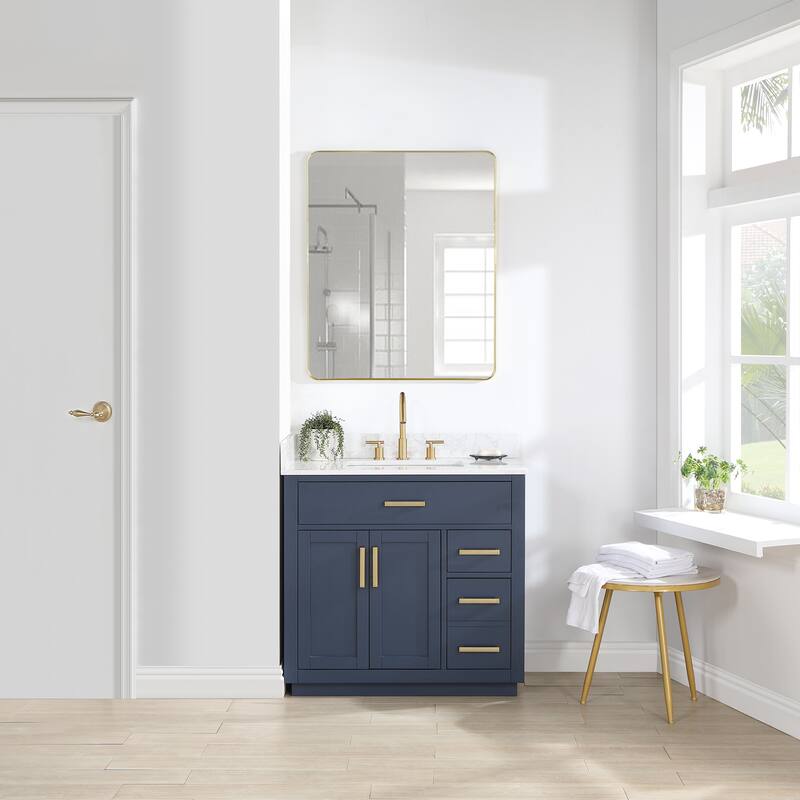 Altair Gavino Bath Vanity with Grain White Composite Stone Top and Mirror