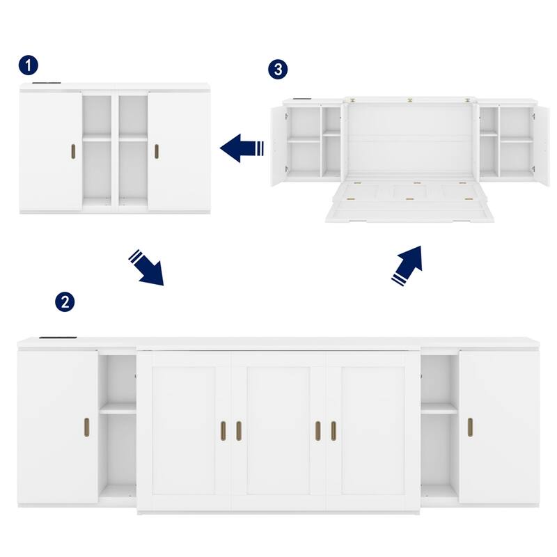 Full Size Multi-function Murphy Bed w/ USB Ports,Cabinets and Shelves