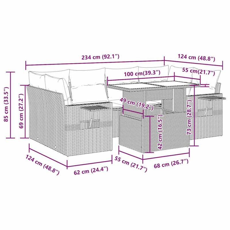 vidaXL Patio Sofa Set with Cushions Table and Couches 7 Piece Poly Rattan