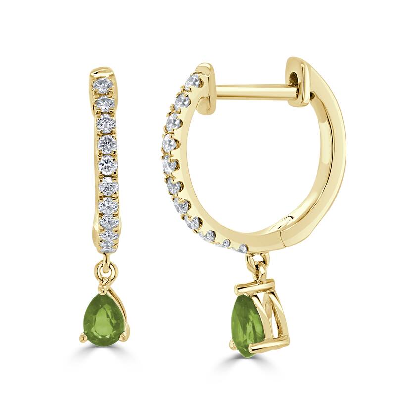 Joelle Collection Gemstone & Diamond Dangle Hoop Earrings 14K Gold Birthstone - Green - Peridot - Yellow