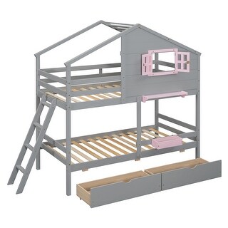 Twin over Twin Wood Bunk Bed with 2 Drawers, Storage Box, Shelf, Grey
