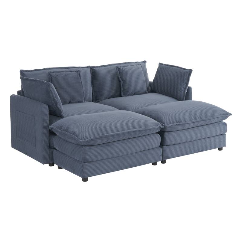 Corduroy Loveseat Set with Movable Ottoman 4 Seater Corner Sofa, Upholstered Deep-seat Couch wCushions and 4 Pillows